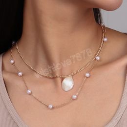 Bohemian Simple Gold Colour Simulated Pearl Beads Shell Pendant Necklace Multi-layers Fashion Women Chocker Jewellery