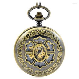 Pocket Watches Brown Antique Steampunk Mechanical Hand Wind & Fob Men's Women's Pendant Watch Classical Carving Petal