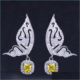 Charm Fashion Butterfly Earrings Jewellery Charm Designer Bride Wedding 925 Sterling Sier Post Yellow Blue Aaa Cubic Zirconia Copper E Dh25Q