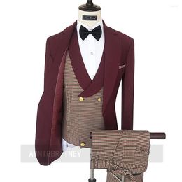 Men's Suits Custom Made Man Groom Marriage Wedding Suit Burgundy Blazer Plaid Vest Pants 3 Pieces Formal Business Men Prom Party Tuxedo