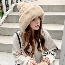 Berets Women Winter Mink Knit Bomber Beanie Hat Thick Female Fluffy Pompom Outdoor Wool Warm Windproof Earflap Trapper Ski Caps