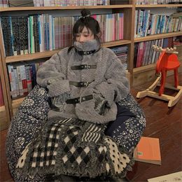 Women's Fur Grey Plush Coat With Skirt Two Pieces Set Single Breasted Warm Loose Wool Women Retro Faux Hair Top Girl Winter Wear