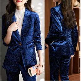 Women's Two Piece Pants High Quality Shiny Velvet Autumn Winter Formal Blazer Women Business Suits With Sets Work Wear Office Uniform Jacket