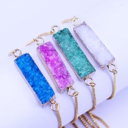 Charm Bracelets 3pcs Natural Druzy Quartz Rectangle Bar Gold Color Adjustable Box Chain For Women