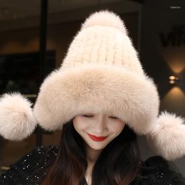 Berets Women Winter Warm Genuine Knitted Female Luxury Real Hat Natural Brown Caps Bomber S3027
