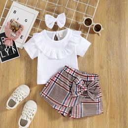Clothing Sets CitgeeSummer Infant Born Girl Outfits Short Sleeve Solid Colour Ruffles Tops Bowknot Plaid Pants Hairband Clothes