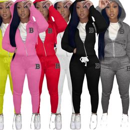 Fall Womens 2 Piece Pants Sets Outfits Letter Print Tracksuits Long Sleeve Zipper Fly Hooded Jacket and Legging Bulk Item Wholesale Lots Clothing K10502