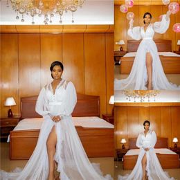 Wraps White Illusion Ruffles Tulle Long Sleeve Bridal Winter Sexy Kimono Pregnant Party Sleepwear Women Bathrobe Sheer Nightgown Robe