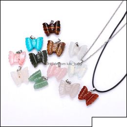 Pendant Necklaces Pendant Necklaces Pendants Jewelry Natural Stone Carved Butterfly Necklace Opal Tigers Eye Quartz Crystal Chakra R Dhcye