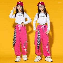 Stage Wear Girls Jazz Dance Clothes For Crop Tops Pink Sweatpants Long Sleeved Kpop Outfit Ballroom Hip Hop Practice Dancewear BL9292