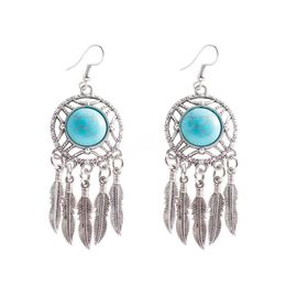 Bohemia Blue Stone Dangle Earrings for Women Lady Vintage Silver Colour Beads Earring Jewellery Accessories