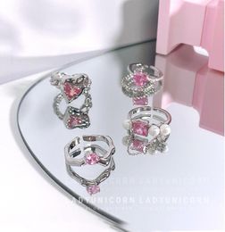 Wedding Rings Korean Fashion Adjustable Size Ring Heart-shaped Square Pink Zircon Woman Luxury Jewelry Birthday Party Gift