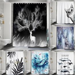 Cute Animal Cat Deer Tiger Shower Curtain Printed Waterproof Polyester Eco-friendly Bathroom Decoration with 12 Hooks 220429