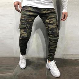 Men's Pants Men Camouflage Jeans Multi-Pockets Mid Waist Streetwear Casual Spring Autumn Slim Trendy Washed Denim Trousers Cargo