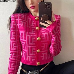 Women's Sweaters Autumn Letter Jacquard Knit Cardigan Sweater Women Gold Buttons Streetwear Vintage Slim Jacket Long Sleeve O-neck Top Coats 221018