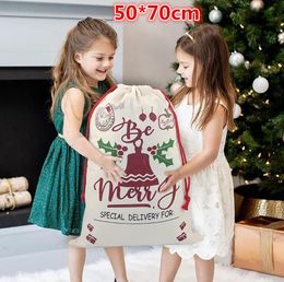 New Santa Sacks Christmas Decorations Canvas Gift Bags with Drawstring Xmas Candy Storage Large Bag Drawstring Pocket for Kids Present 50x70cm EE