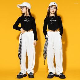 Stage Wear Hip-Hop Jazz Dance Clothes Irls Black Crop Tops White Casual Pants Kids Modern Practise Kpop Festival Clothing BL9293