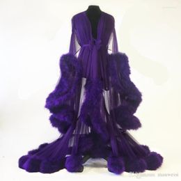 Wraps 2022 Fur Women Robe Long Sleeve Sexy Purple Nightgown Deep V Neck Ruffles Sleepwear Bathrobe Pyjamas Prom Bridesmaid Shawel
