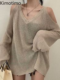 Women's Sweaters Kimotimo Summer Off Shoulder Design Knitted Tops V Neck Loose Solid Sun Protection Sweater Korean Chic Simple All Match Pullover J220915