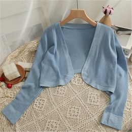 Women's Sweaters Korean Fashion New Summer Thin Short Vest Women Long Sleeves Knitted Shirts Crop Tops Female Open Stitch Sweater Shirts J220915
