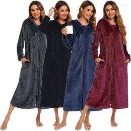 Women's Sleepwear Witbuy Zipper Front Hooded Unisex Winter Dressing Gown With Pockets Flannel Night Wear For Women Warm Long Pyjamas