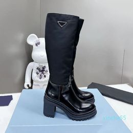 Designer Women Nylon Bright Leather Boots Monolith Shiny Combat Shoes Outdoor Thick Bottom Mid-length Long Boot