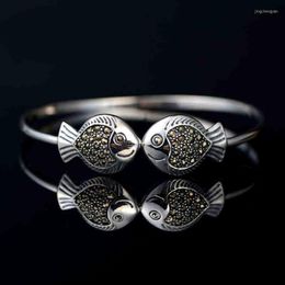 Bangle Vintage 925 Sterling Silver Old Craft Original Kissing Fishes For Women Bracelet Ethnic Style Jewelry