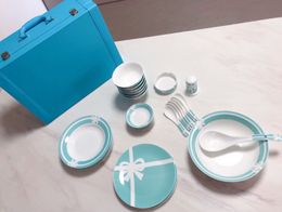 Bone China Blue Bowls Ceramic Tableware Nordic Western Food 28-piece Set Bowl Plate Soup Spoon Combination Creative Dim Sum Plates