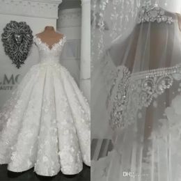 Arabic Dubai Vintage Wedding Dresses Sheer 3D Floral Appliques Beads Plus Size Wedding Dress Princess Ball Gown Vestido De