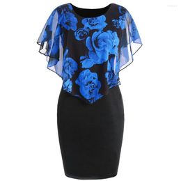 Casual Dresses Womens Dress Elegant Office Lady Rose Flower Print Cape Bodycon Knee Length Sexy Slim Large Size