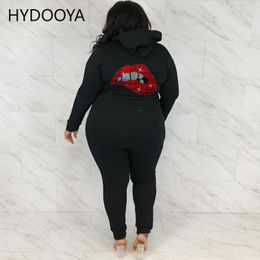 Tracksuits Plus Size Two Piece Sets Women Clothing Back Mouth Rhinestones Hooded Long Sleeve Coats Sport Pants Suits Drop Wholesale