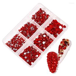 Nail Art Decorations 1Box Red Crystal Flat Back Glass Rhinestones 3D Multi-Size Dazzling Diamonds Decoration Charm Gem For Manicur