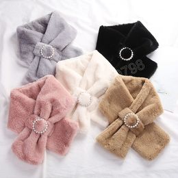 Korean Female Soft Faux Rabbit Fur Cross Pearl Scarves Winter Plush Thicken Windproof Warm Neck Guard False Collar Scarf