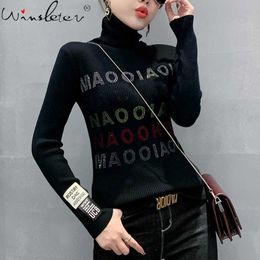 Women's Sweaters Fall Winter Korean Clothes Sweater Women Turtleneck Shiny Diamonds Letter Knitwear Jumper Tops Patch Long Sleeve Woman T19621A T221019