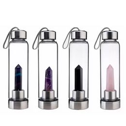 Natural Quartz Gemstone Glass Water Bottle Direct Drinking Cups Crystal Obelisk Wand Healing Wands Bottle With Rope Cup b1020