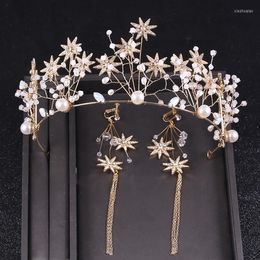Headpieces Handmade Wedding Bridal Pearl Crystal Headwear For Bride Hair Accessories Jewelry Tiara With Earring