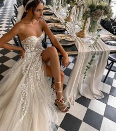 2022 Sexy Beach Abito Da Sposa Per La Sposa Elegante Boho Abiti Da Sposa Senza Spalline Con Paillettes Pizzo Alto Split Principessa Vestido De Novia