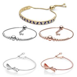 Bowknot Gold Charm Bracelets Fit Pandora Jewelry Stripe Sliding Adjustable Bracelet