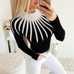 Women's Sweaters 2022 Fashion Women Turtleneck Knit Long Sleeve Bodycon Casual Sweaters Women's Stripe Pullovers Minimalist Tops Clothes Vestidos T221019