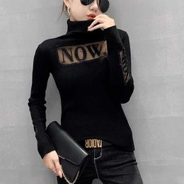 Women's Sweaters #7405 Grey Black White Knitwear Tight Sweater Women Spliced Mesh Letters Hollow Out Sexy Turtleneck Women Sweater Long Sleeved T221019