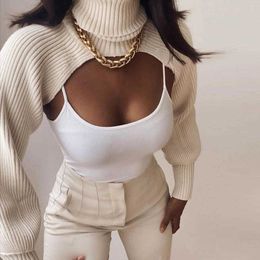 Women's Sweaters Cryptographic Fall Winter 2021 Knitted Turtleneck Women's Crop Tops Sweaters Lantern Sleeve Pullover Females Shawl Sweaters T221019