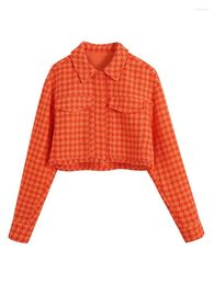 Women's Jackets Evfer Chic Lady Spring Autumn Casual Turn-Down Collar Long Sleeve Orange Short Womens Fashion Houndstooth Print Outwear