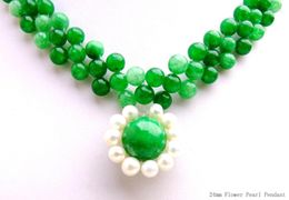 Choker Qingmos Flower 24mm Pearl Pendant Necklace For Women With 6mm Dark Green Jade 3 Strands Handwork Weave 18'' Chokers