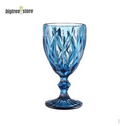 240ml Wine Glasses Coloured Glass Goblet with Stem 300ml Vintage Pattern Embossed Romantic Drinkware for Party Wedding Fast