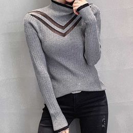 Women's Sweaters Sexy New Winter Hollow Out Net Yarn Splicing Knit Female Half Bright Silk Turtle Neck Top Render Unlined Upper Garment Sweater T221019