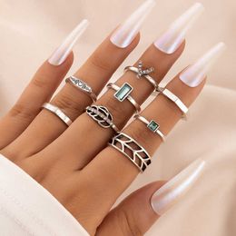 New alloy square diamond multi piece ring set geometric hollow leaf love eight