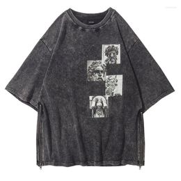 T-shirts masculins vintage t-shirt streetwear hommes statues imprimé tshirt zipper en détresse hip hop harajuku coton décontracté punk gothique t-shirt