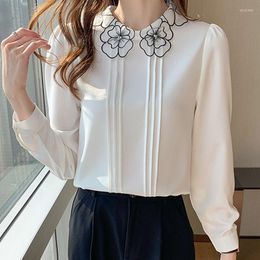 Women's Blouses Chiffon Shirt Embroidered Bow Bubble Sleeve Women's White Long Tops And Blouse Fashion Elegant Clothing Solid 1570