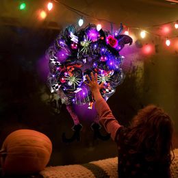 Decorative Flowers Glowing Halloween Witch Wreath Lighted Front Door Props Purple Ornament