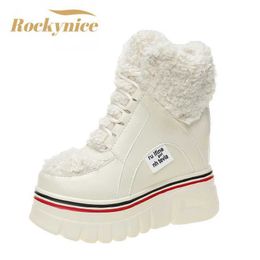 Boots Winter Warm Woman Plush Platform Ankle Shoes High Top Height Increasing 10CM Snow Trainers Fur Chunky Sneakers L221018